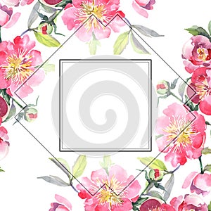 Pink peony bouquet floral botanical flowers. Watercolor background illustration set. Frame border ornament square.