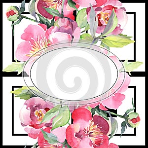 Pink peony bouquet floral botanical flowers. Watercolor background illustration set. Frame border ornament square.