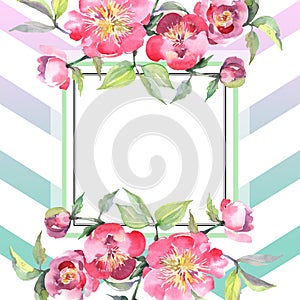 Pink peony bouquet floral botanical flowers. Watercolor background illustration set. Frame border ornament square.