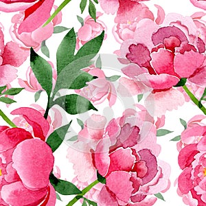 Pink peony floral botanical flowers. Watercolor background illustration set. Seamless background pattern.