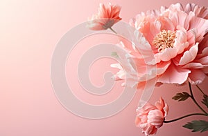 a pink peony flower and leaves surround a pink background