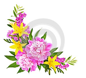 Pink peony flower with yellow lilies in a floral corner arrangement