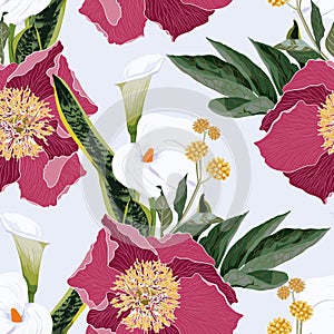 Pink peony flowers with callas lilies and herbs bouquet seamless pattern. Watercolor style Illustration.