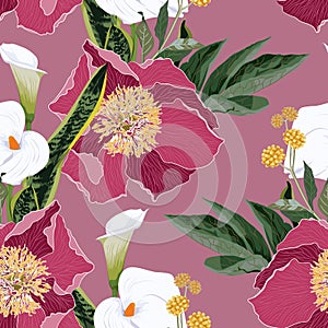 Pink peony flowers with callas lilies, leaves and herbs bouquet seamless pattern.