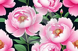 Pink peony flowers pattern on black background.