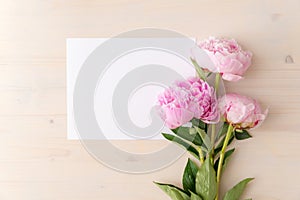 Pink peony flowers on white wood background with copy space