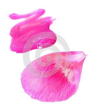 Pink peony petal and pink liquid lipstick smear isolated on white