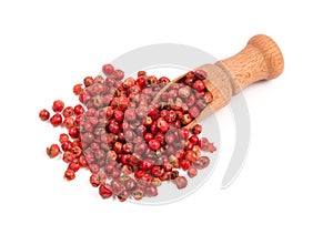 Pink pepper, Red peppercorns in a wooden spoon