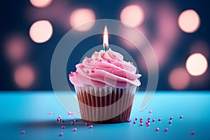 Pink perfection Birthday cupcake with burning candle on blue background