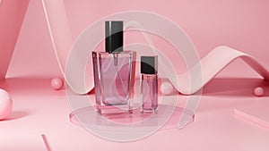 Pink perfume bottle on pink background. beauty cosmetic concept