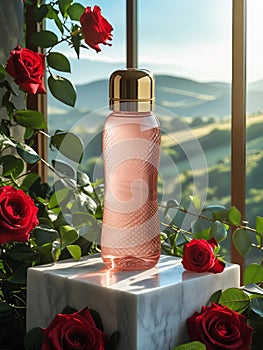 Pink Perfume Bottle with Red Roses Background