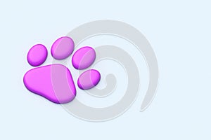 Pink pet footprint. Cat or dog footprint. Animal care. Grooming service. Puppy or kitten track. Wildlife rescue. Copy space