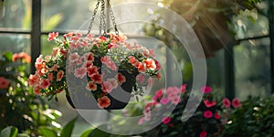 Pink petunia flower hanging in pot. Growing spring flowers in large glass greenhouses