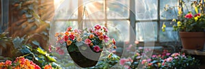 Pink petunia flower hanging in pot. Growing spring flowers in large glass greenhouses