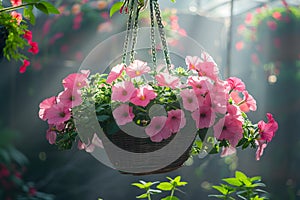 Pink petunia flower hanging in pot. Growing spring flowers in large glass greenhouses