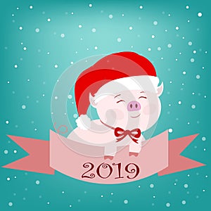 Pink pig in a hat of Santa Claus with a red bow with a ribbon and numbers on a blue background on New Year`s Eve and Christmas in