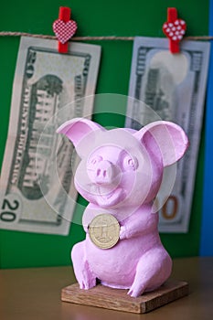 Pink Pig holding hryvna coin. Pig with hryvna coin against the background US dollars background. UAH and USD