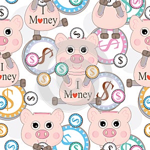 Pink Pig Love Money Seamless Pattern