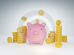 Pink pig piggy bank 3D render with gold coins US money. on a white background