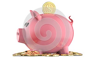 Pink pig piggy bank, with coin falling into slot, on pile of dollars. 3d render, isolated on white background.