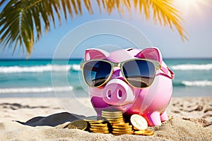 Pink pig piggy bank with coins in sunglasses on the tropical beach under a palm tree