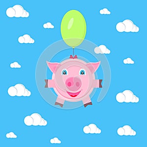 Pink pig, piglet flies on one green balloon in the blue sky with clouds. Vector illustration.