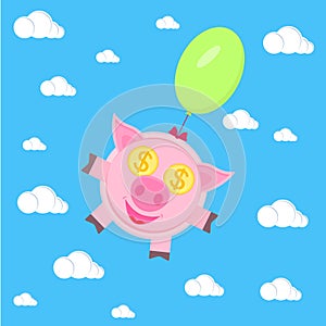 A pink pig, a piglet with gold coins instead of eyes, flies on a green balloon in a blue sky with clouds. Vector illustration.