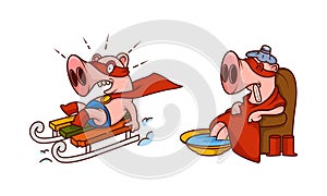 Pink Pig in Red Superhero Cloak and Mask Having Fever Warming in Basin and Sleighing Vector Set