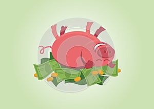 Pink pig rolling in money