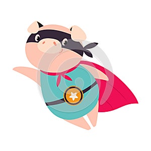 Pink Pig Superhero Character in Eye Mask and Cloak Flying Vector Illustration