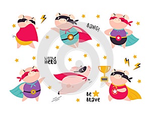 Pink Pig Superhero Character in Eye Mask and Cloak Having Super Power Vector Illustration Set