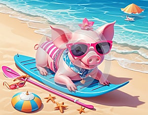 Pink pig swims in the sea, skis and lies on the beach