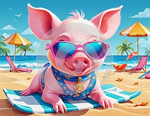 Pink pig swims in the sea, skis and lies on the beach