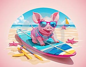 Pink pig swims in the sea, skis and lies on the beach