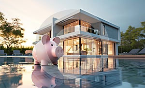 Pink piggy bank against the background of an expensive villa and a swimming pool. Real estate purchase and insurance