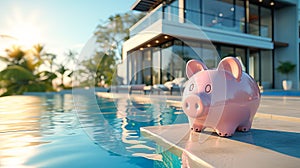 Pink piggy bank against the background of an expensive villa and a swimming pool. Real estate purchase and insurance