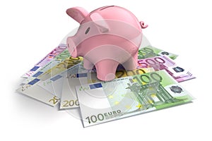 Pink piggy bank with banknotes