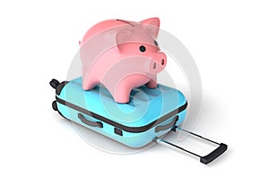 Pink piggy bank on a blue suitcase. Budget tourism. isolated on white background. 3d render