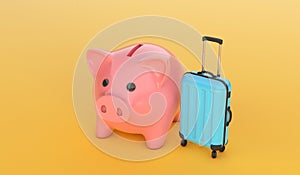 Pink piggy bank with a blue suitcase on yellow background. 3d render