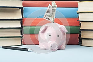 Pink piggy bank with books and money on wooden background. Concept of funding education.