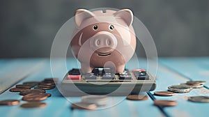 Pink piggy bank on calculator surrounded by coins. Financial planning and savings concept with a clear focus. Ideal for