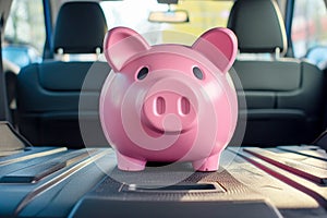 Pink piggy bank in car interior, vehicle purchase, insurance or driving and motoring cost. Money box in new car