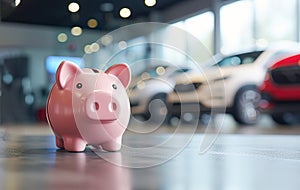 Pink piggy bank in a car showroom against the background of cars. Car leasing or loan concept