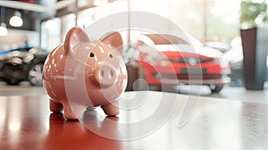 Pink piggy bank in a car showroom against the background of cars. Car leasing or loan concept
