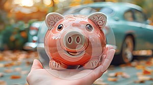 Pink piggy bank in a car showroom against the background of cars. Car leasing or loan concept