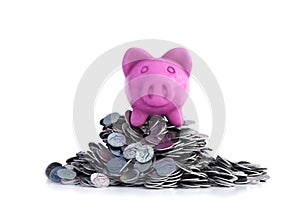 Pink piggy bank, ceramic shiny, on pile of 50 cents USA coins, isolated on white, 3d render