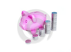 Pink piggy bank, ceramic shiny, with stacks  of 50 cents USA coins, isolated on white, 3d render