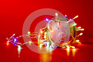 Pink piggy bank with Christmas string lights on happy December festival in Red background, Enjoy savings for spending money on the