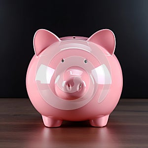 Pink piggy bank close up on black background