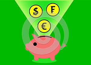 Pink piggy bank coin container with falling coins with symbols of dollar, euro and swiss franc.